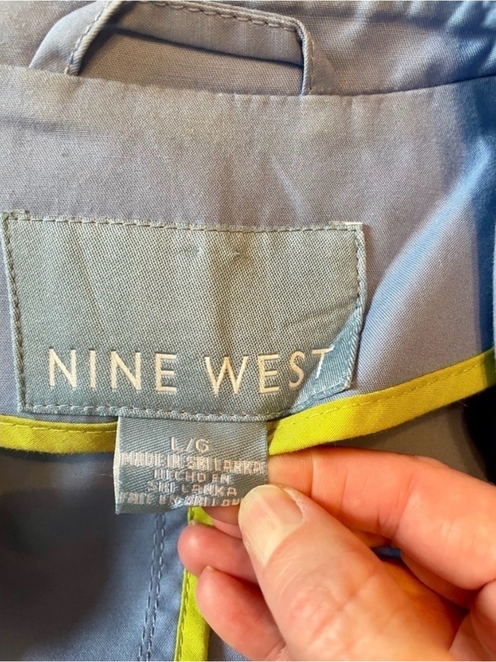Nine West 90s Y2K Blue Rain Trench Coat Lime Green Trim Belted Size L  Coastal - Picture 6 of 9